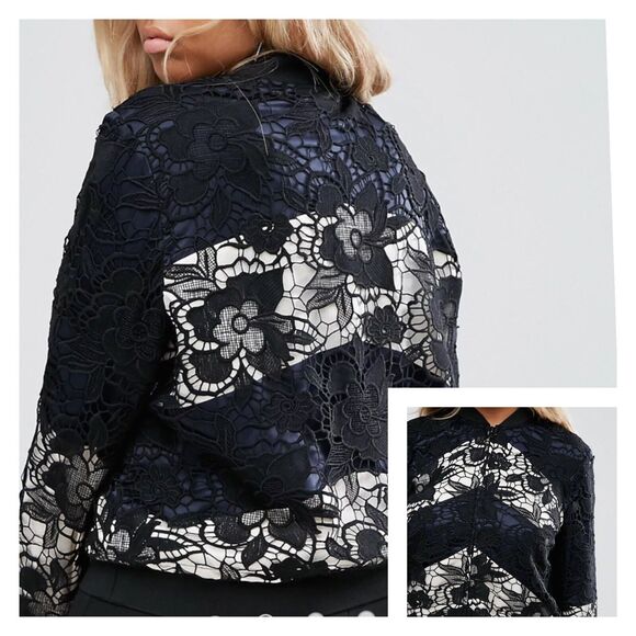 ASOS Curve Women Jacket Contrast Lace Bomber Floral Black Blue Plus Sz 20 EU 52 - Picture 1 of 10